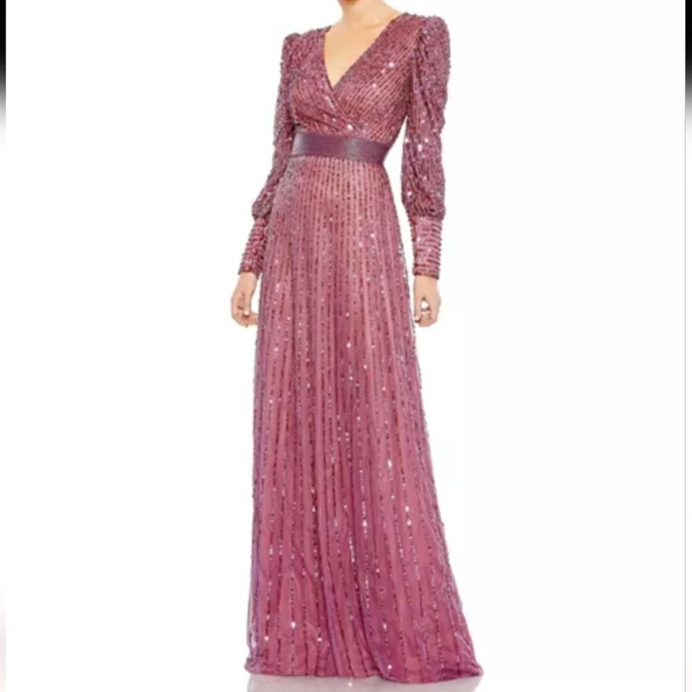 Mac Duggal Size 14 Mauve Sequined Wrap Over Bishop Sleeve Gown, NEW